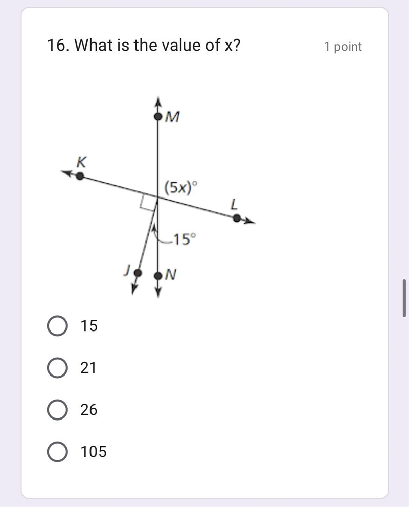 What is the value of x? 1. 15 2. 21 3. 26 4. 105-example-1