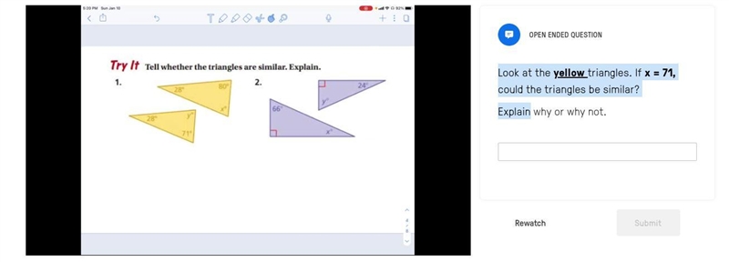 If x = 71, could the triangles be similar? Explain why or why not.-example-1