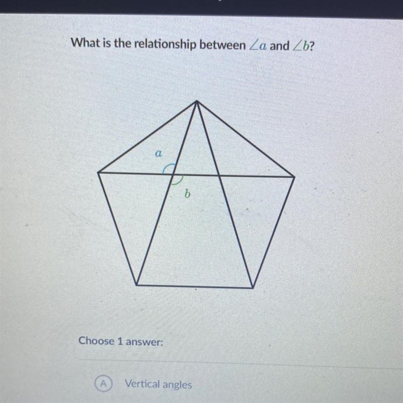 What is the relationship between a and b? A - Vertical angles B - Complementary angels-example-1