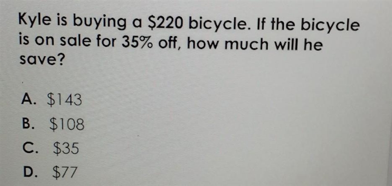 Kyle is buying a $220 bicycle. If the bicycle is on sale for 35% off, how much will-example-1