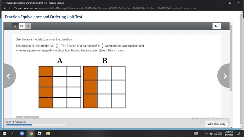 Use the area models to answer the question. The fraction of area model A is 4/12. The-example-1