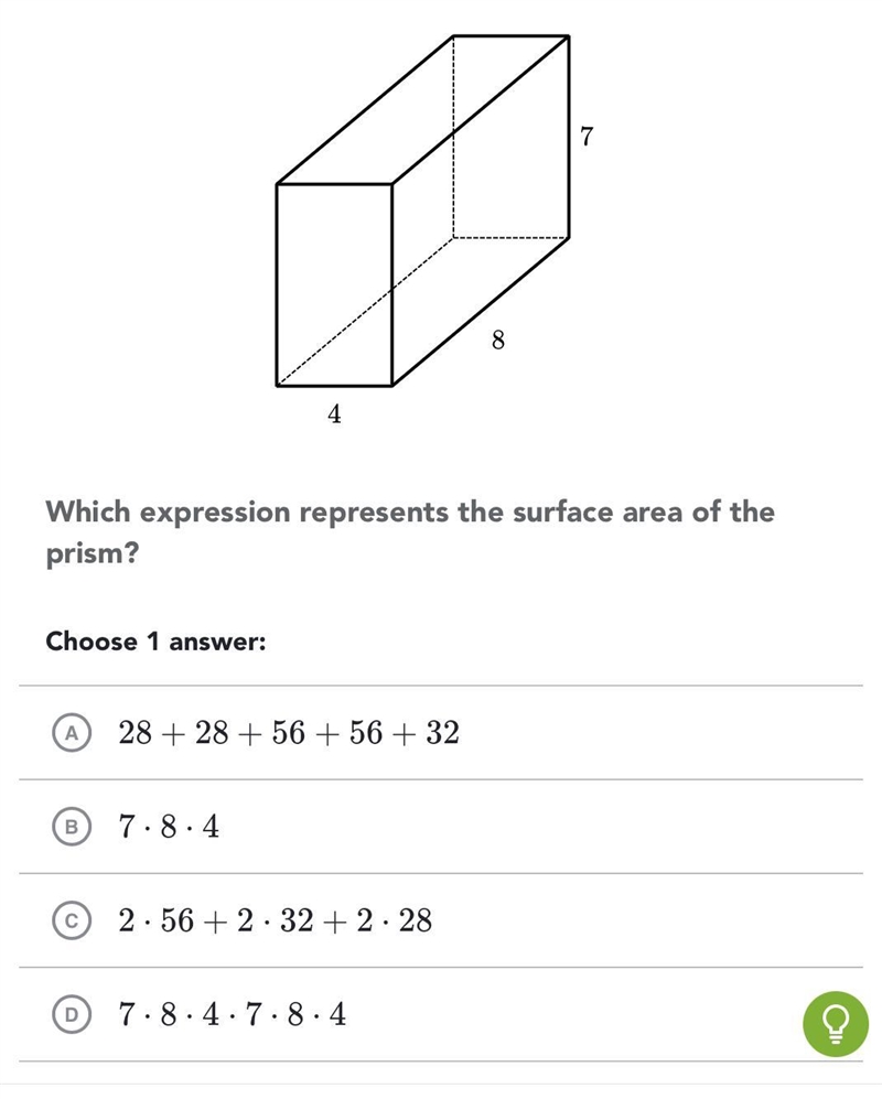 Which expression represents the surface are of the prism? 4 8 7-example-1