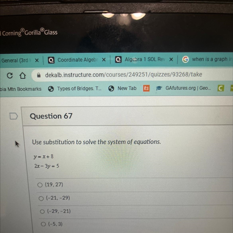 Question 67 Use substitution to solve the system of equations. y=x+8 2x-3y=5 O (19,27) O-example-1