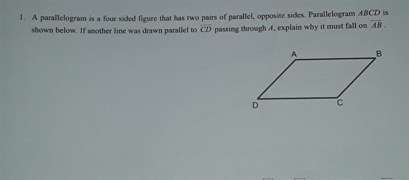 A parallelogram is a four sided figure that has two pairs of parallel, opposite sides-example-1