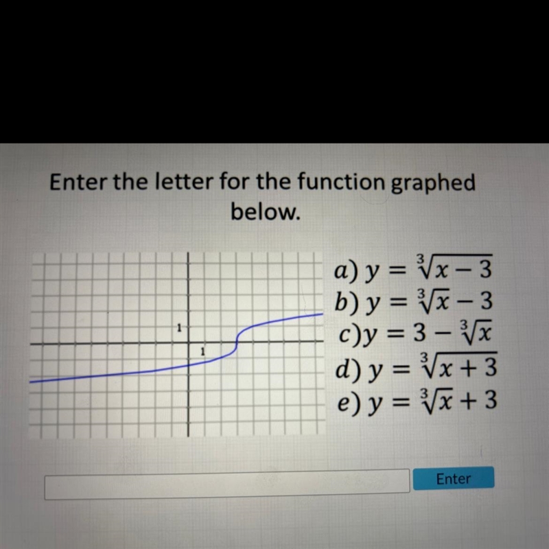 Enter the letter for the function graphed below. 3 √x - 3 a) y = b) y = ³√√x - 3 c-example-1