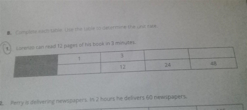 compete each table. use the table to determine the unit rate. Lorenzo can read 12 pages-example-1