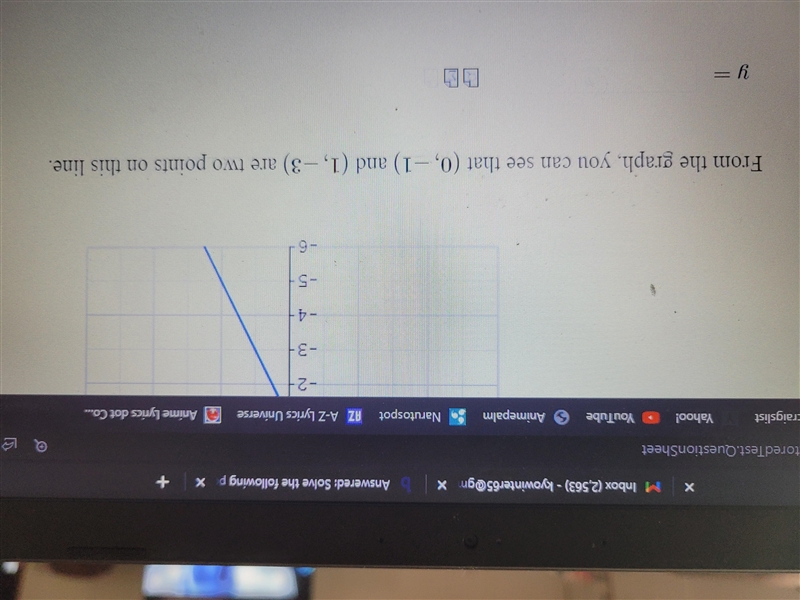 Write an equation for the line graphed belowFrom the graph, you can see that (0,-1) and-example-1