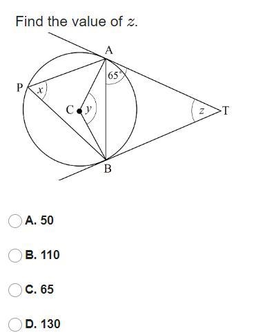 Find the value of z A. 50 B. 110 C. 65 D. 130-example-1