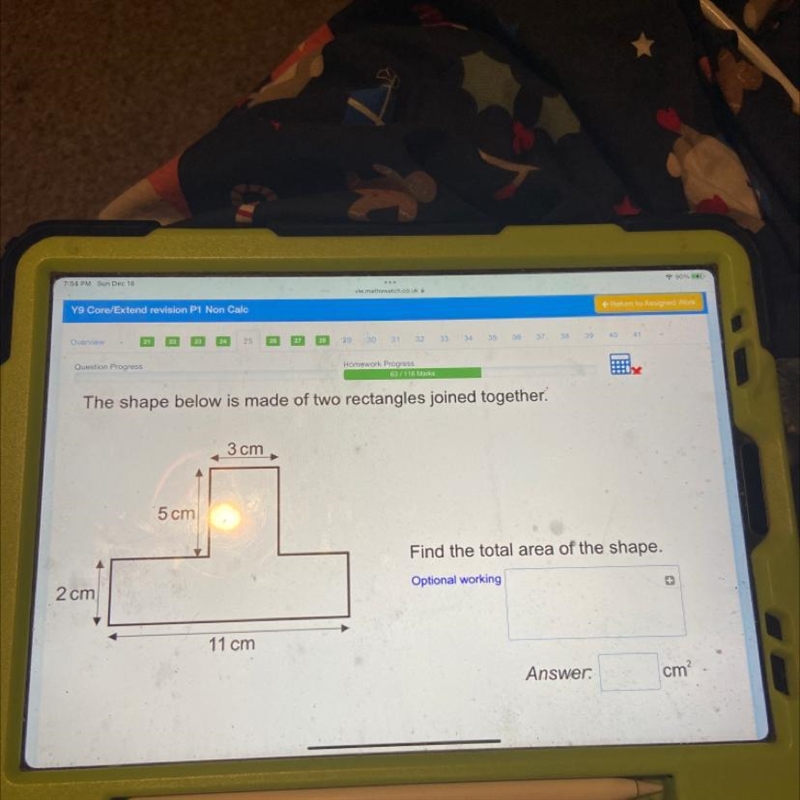 The shape below is made of two rectangles joined together. cm 5 cm 3 cm 63/116 Marks-example-1