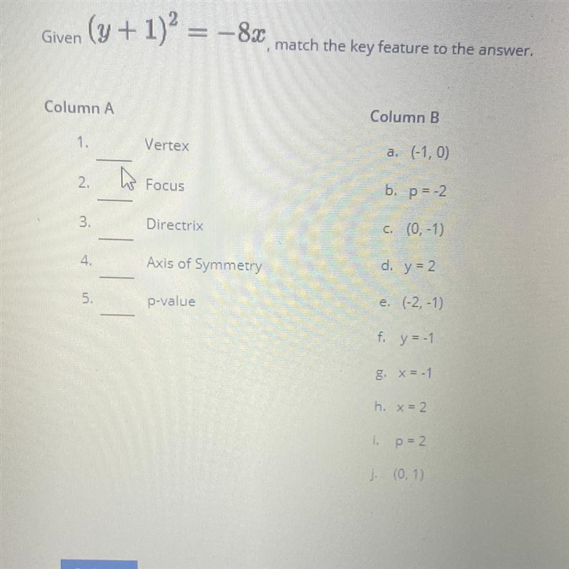 Given (y + 1)2 = -8x, match the key feature to the answer,-example-1