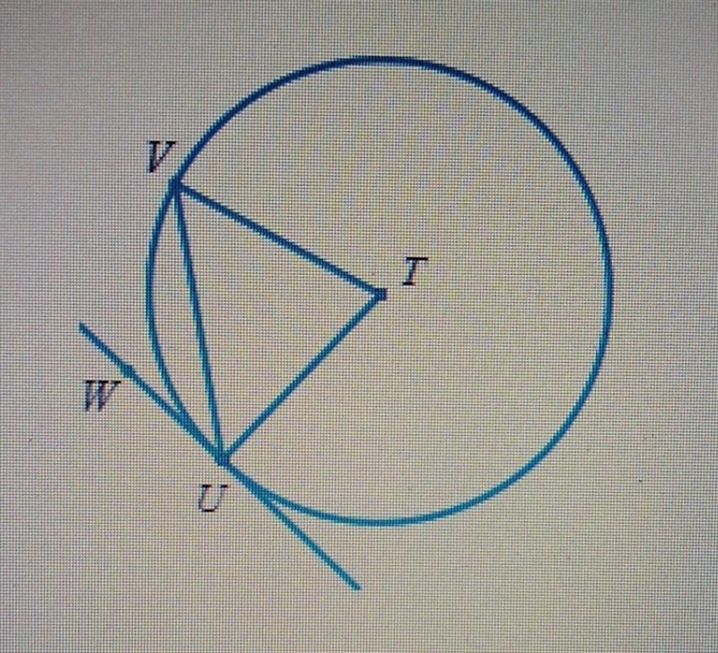 The circle below has center T. Suppose that mUV=74° and that UW is tangent to the-example-1