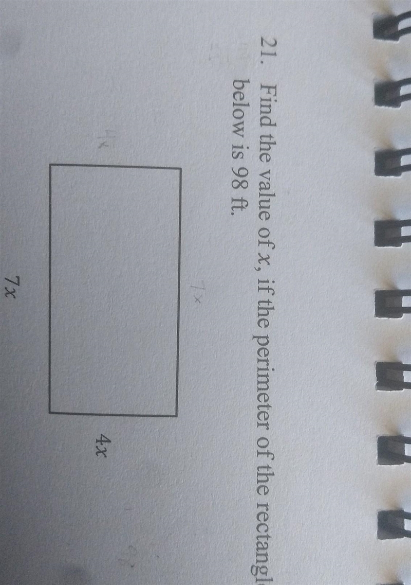 The the value of x, if the perimeter of the rectangle is 98ft​-example-1