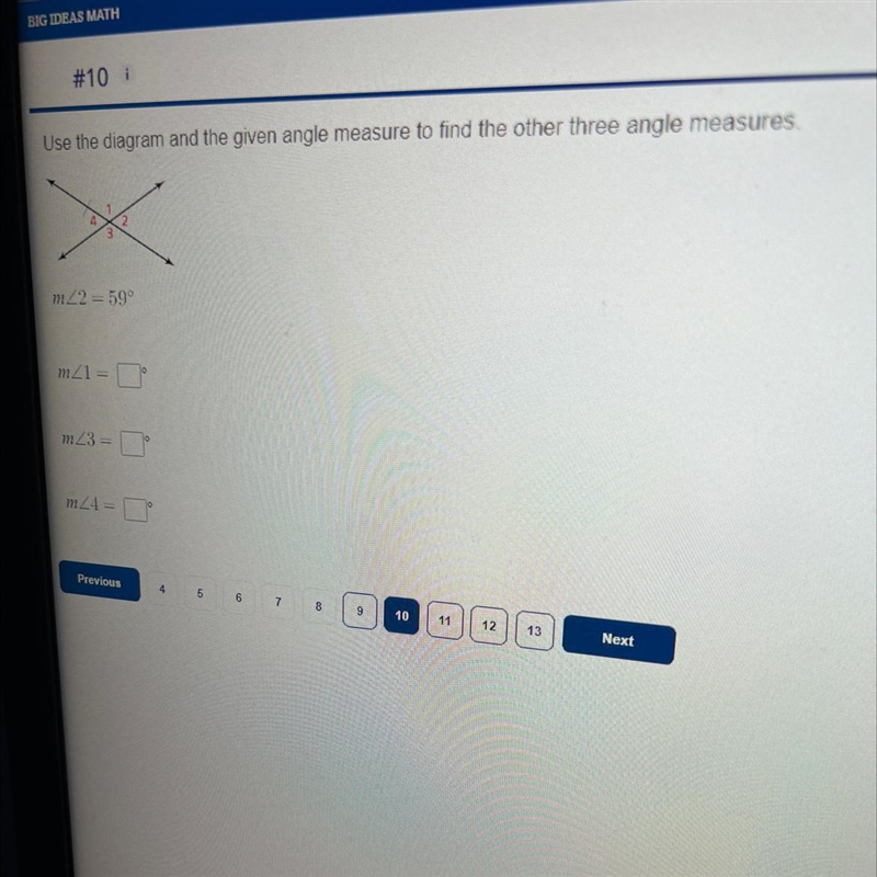 Using the diagram and the given angle measure to find the other three angle measures-example-1