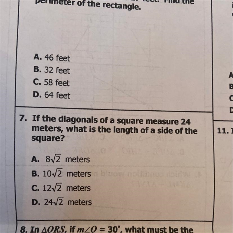 7. If the diagonals of a square measure 24 meters, what is the length of a side of-example-1