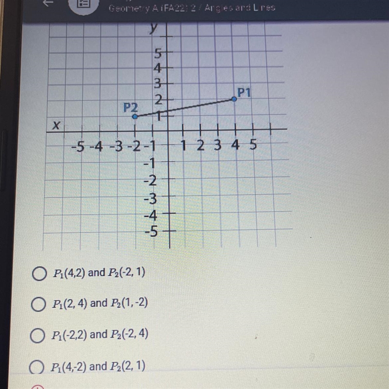 Which coordinates represent P1 and P2 respectively in the coordinate plane below .-example-1