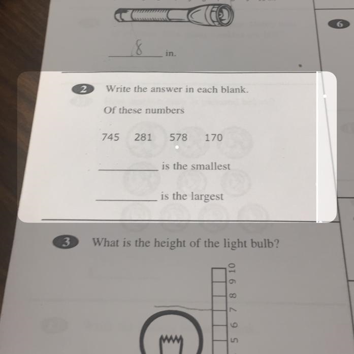 2 Write the answer in each blank. Of these numbers 745 281 578 170 is the smallest-example-1