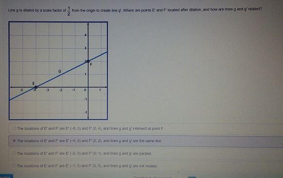 Line g is dilated by a scale factor of 1/2 from the origin to create line g'. Where-example-1