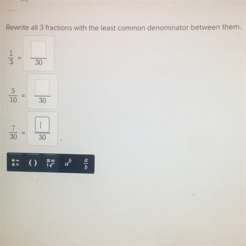 Rewrite all 3 fractions with the least common denominator between them.-example-1