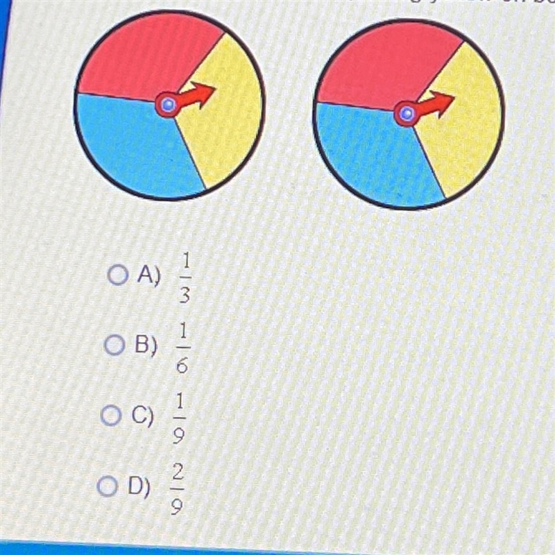 [hurry please] What is the probability of spinning yellow on both spinners?-example-1