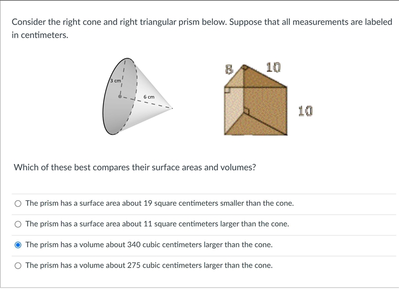 Consider the right cone and right triangular prism below. Suppose that all measurements-example-1