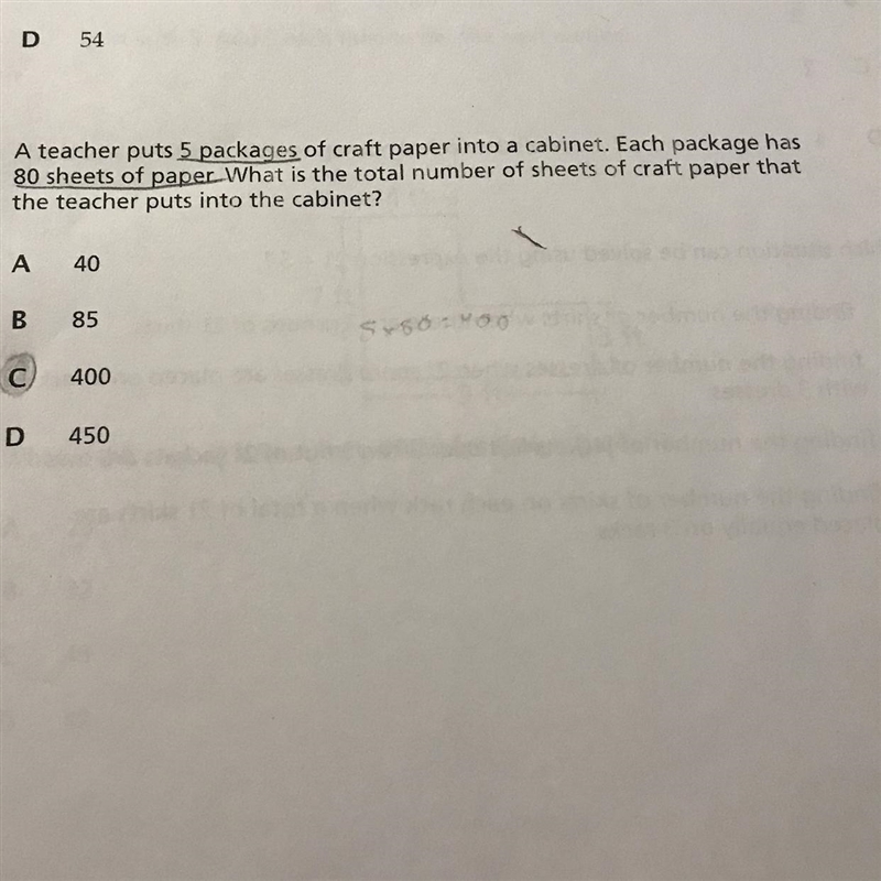 A teacher puts five packages of craft paper into a cabinet each package has 80 sheets-example-1