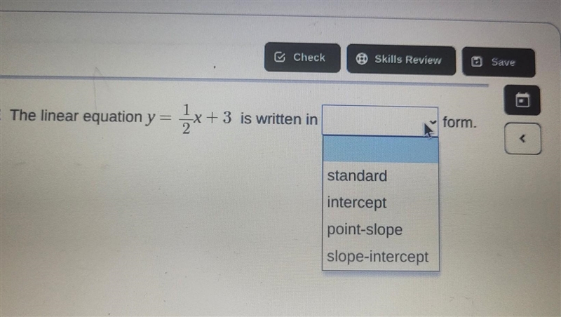 The linear equation y = x + -x+ 3 is written in. form.​-example-1