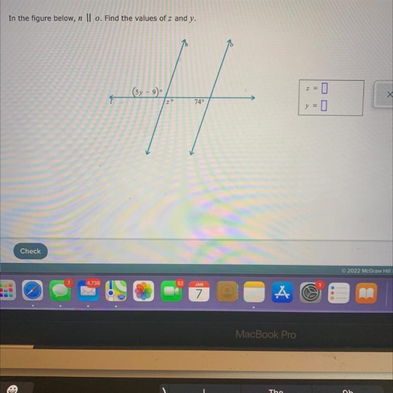 In the figure below, n || o. Find the values of z and y. 10 (sy - 9) ܘ 2 Z 74°-example-1