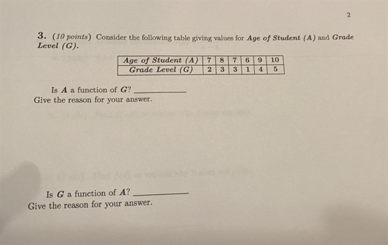 Consider the table giving values of student (A) and grade level (G). (Pic attached-example-1