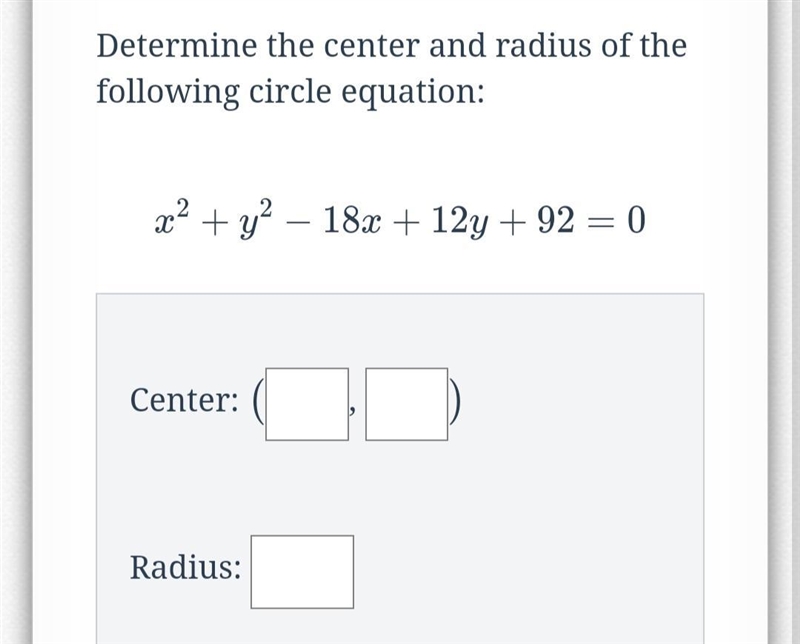 Determine the center and radius of the following circle equation below!-example-1