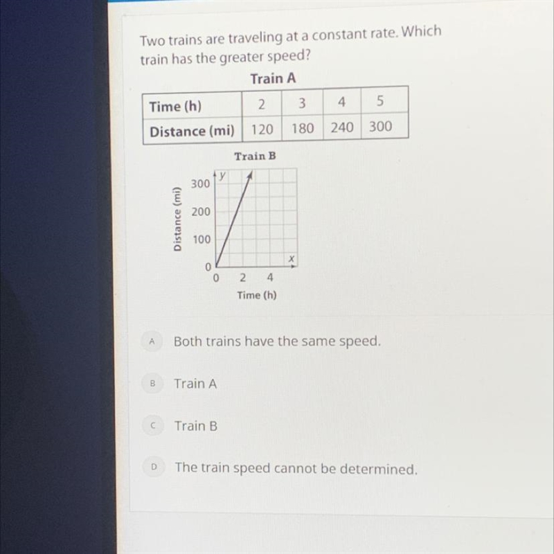 Two trains are traveling at a constant rate. Which train has the greater speed?-example-1