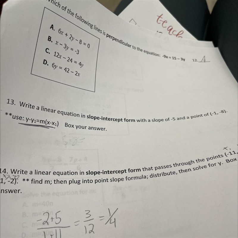 Write a linear equation in slope intercept form with a slope of -5 and a point of-example-1