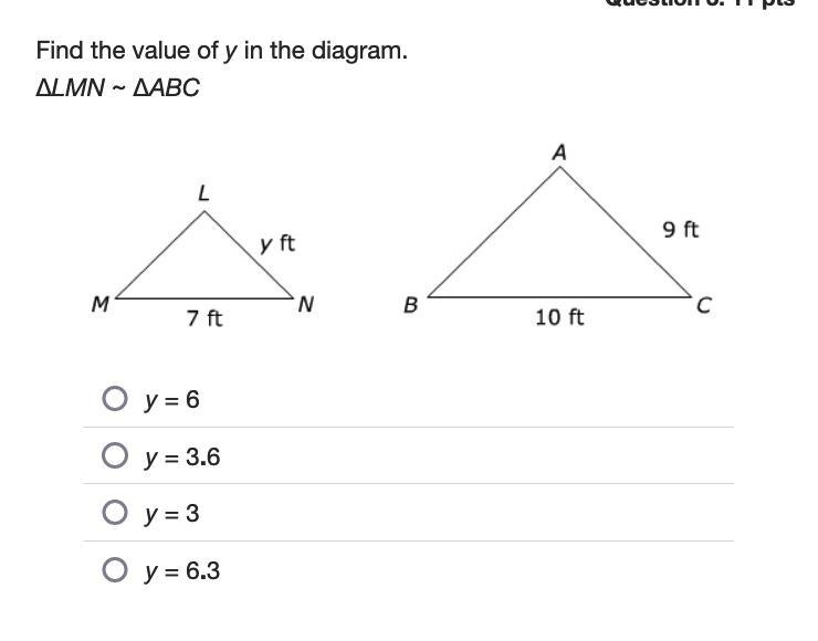 Please Somebody help with this! Find the value of y in the diagram. ΔLMN ~ ΔABC-example-1