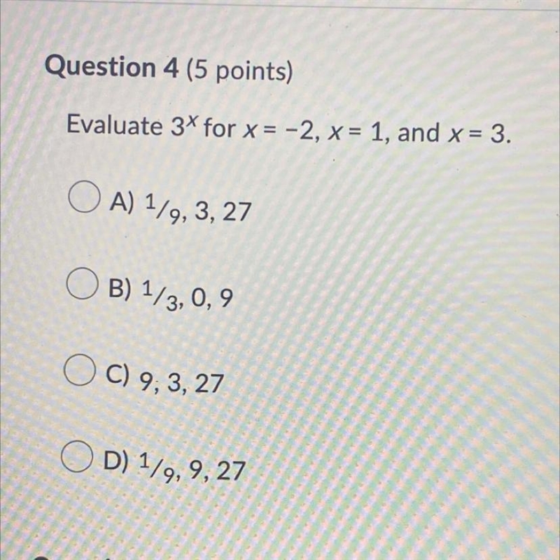 Evaluate 3x for x = -2, x = 1, and x = 3.-example-1