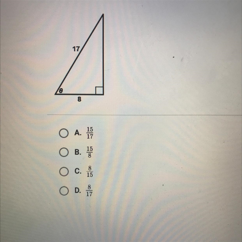 Find tаn Ө. A. 15/17 B.15/8 C.8/15 D.8/17-example-1