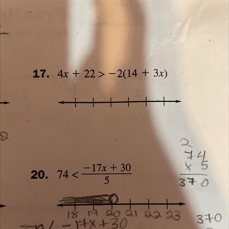 #17 pls help answer 4x + 22 > -2(14+3x)-example-1