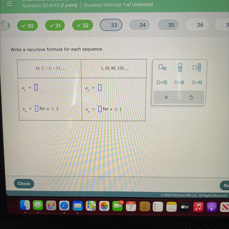 Write a recursive formula for each sequence.19, 7, -5, -17, ...9, = 0n= for n ≥ 2an-example-1