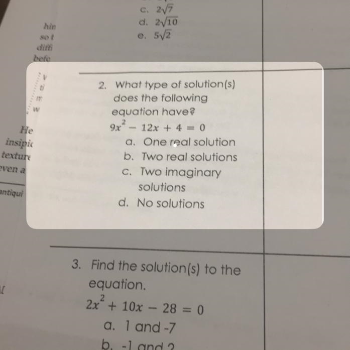 Le mic 7 2. What type of solution (s) does the following equation have? 9x² - 12x-example-1