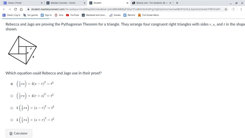 Rebecca and Jago are proving the Pythagorean Theorem for a triangle. They arrange-example-1