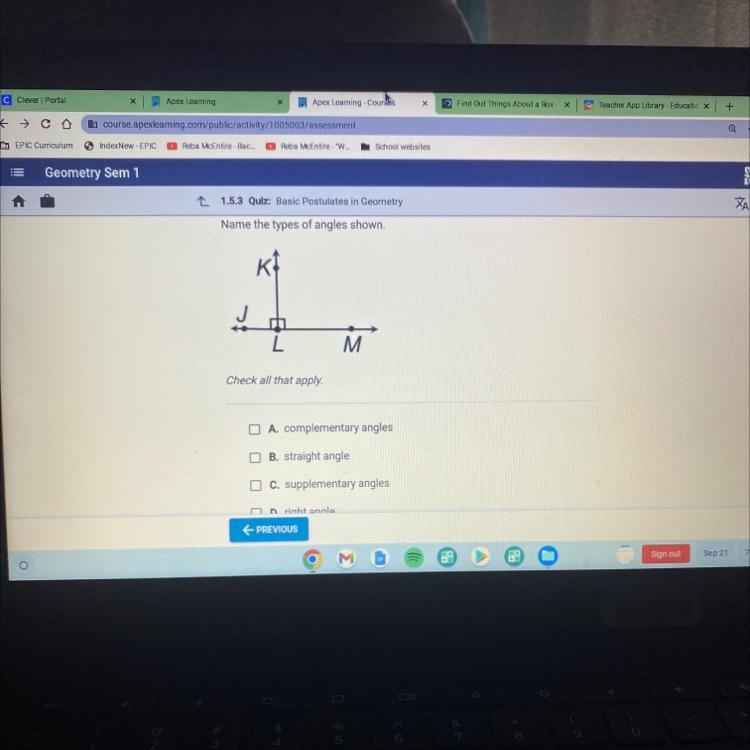 Name the types of angles shown. L Check all that apply. M A. complementary angles-example-1