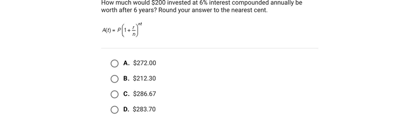 How much would $200 invested at 6% interest compounded annually be worth after 6 years-example-1