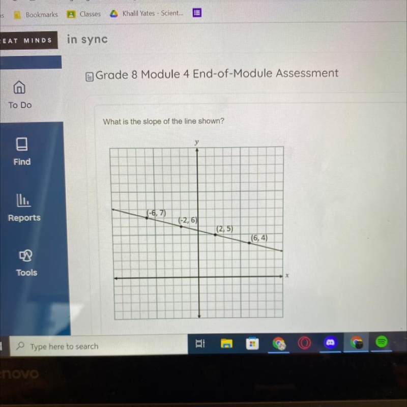 What is the slope of the line shown? у (-6, 7) (-2, 6) (2,5) (6,4) X-example-1