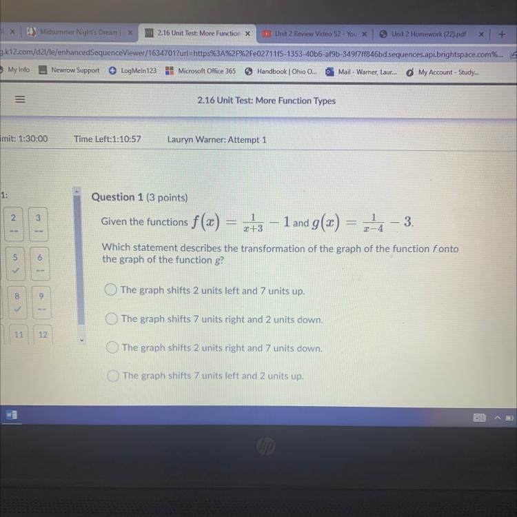 Given the functions f(x)= 1/x+3 -1 and g(x)= 1/x-4-3. Which statement describes the-example-1