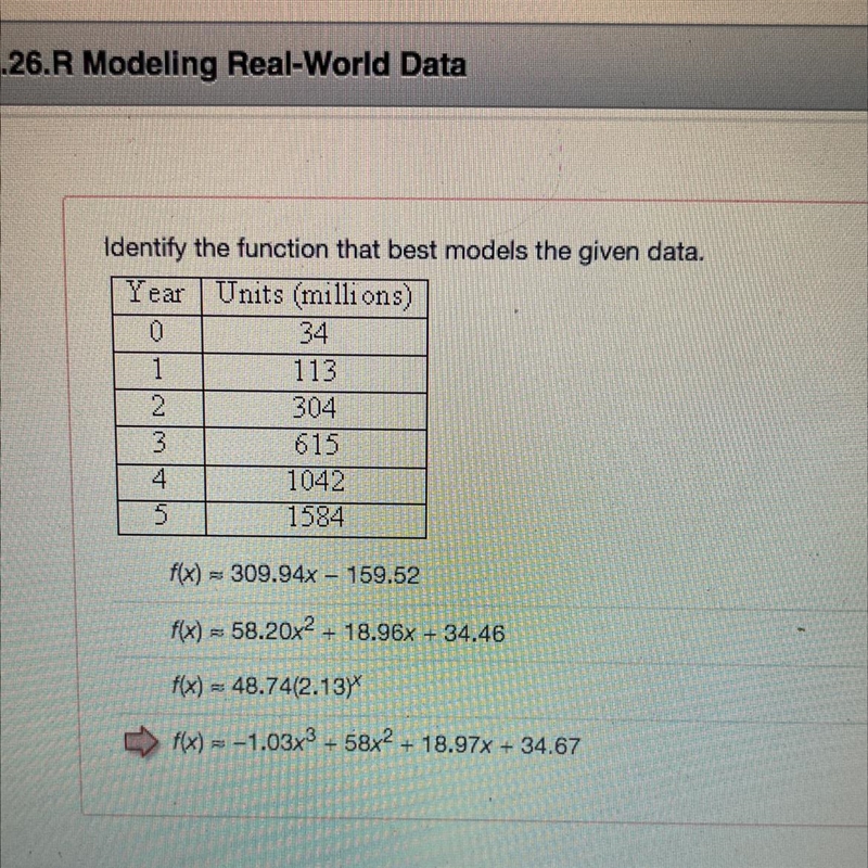 Identify the function that best models the given data-example-1