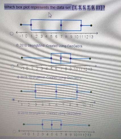 Which box plot represe nts the data sei {1,3,5,7,9,11)? -1 0 1 2 3 4 5 6 7 8 9 10 11 12 13 © 2018 Songlind-example-1