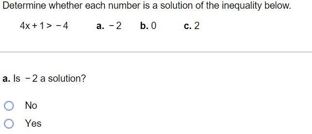 Determine whether each number is a solution of the inequality below. Please help determine-example-1