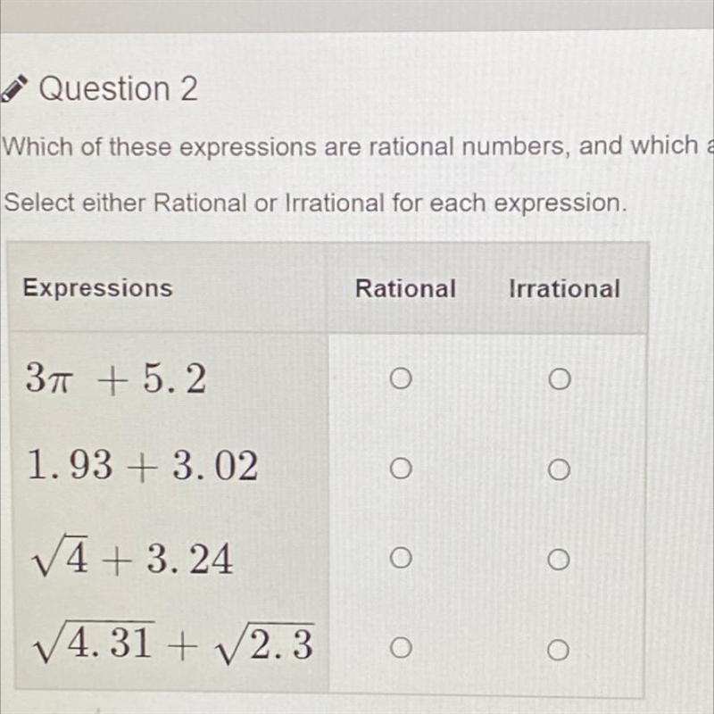 Which of these expressions are rational numbers, and which are rational numbers? Select-example-1