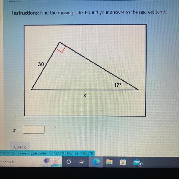 Instructions: Find the missing side. Round your answer to the nearest tenth. x= Check-example-1