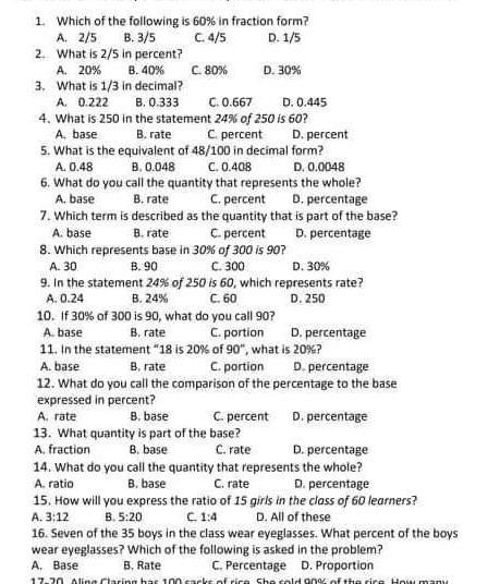 1. Which of the following is 60% in fraction form? A. 2/5 B. 3/5 2. What is 2/5 in-example-1