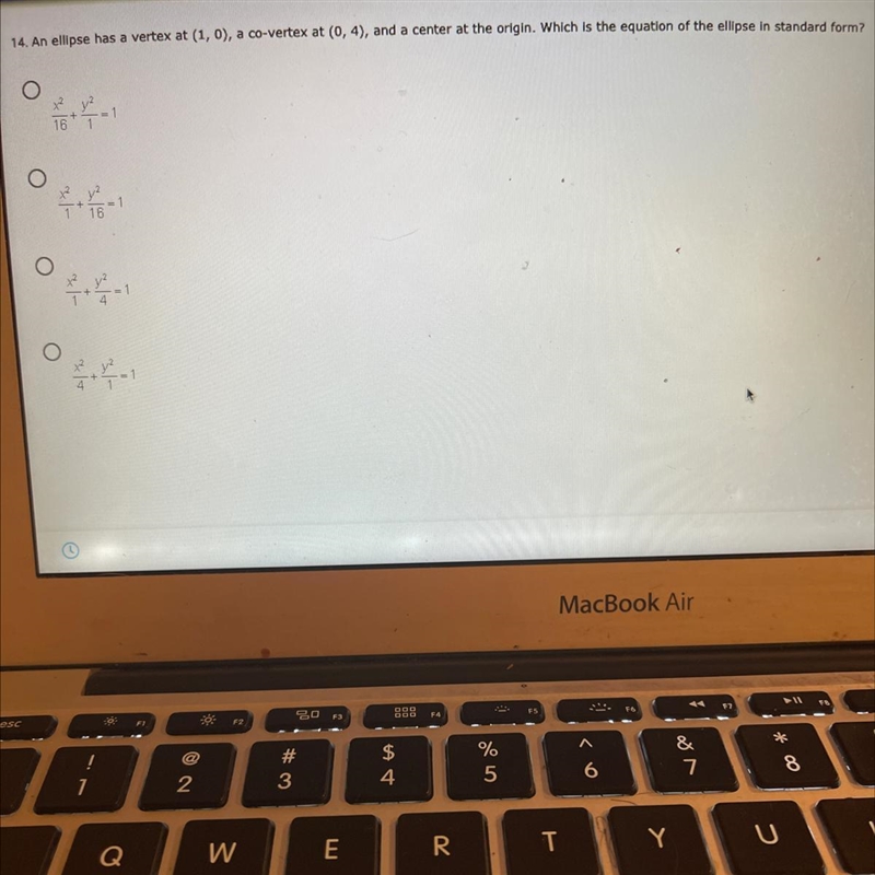 14. An ellipse has a vertex at (1,0), a co-vertex at (0,4), and a center at the origin-example-1