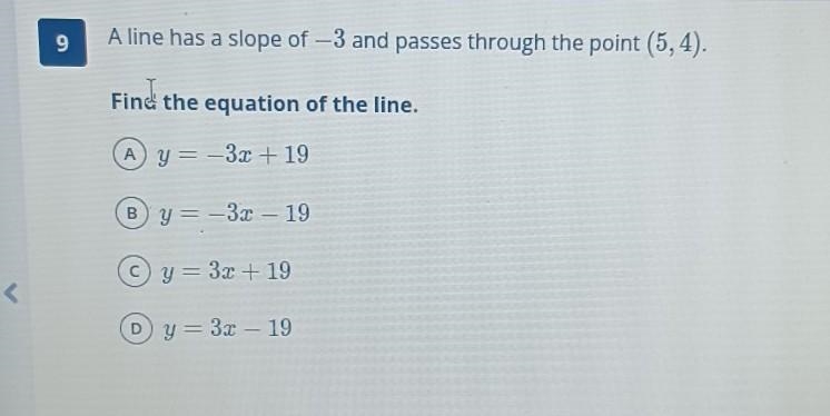 A line has a slope of negative 3 and passes through the point (5, 4) find the equation-example-1